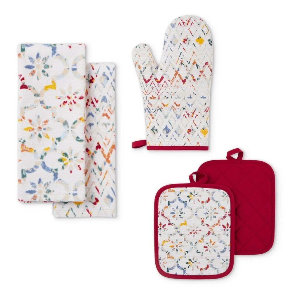 Mainstays Ogee Tile Red Kitchen Towel Pot Holder Oven Mitt Set Gift Housewarming